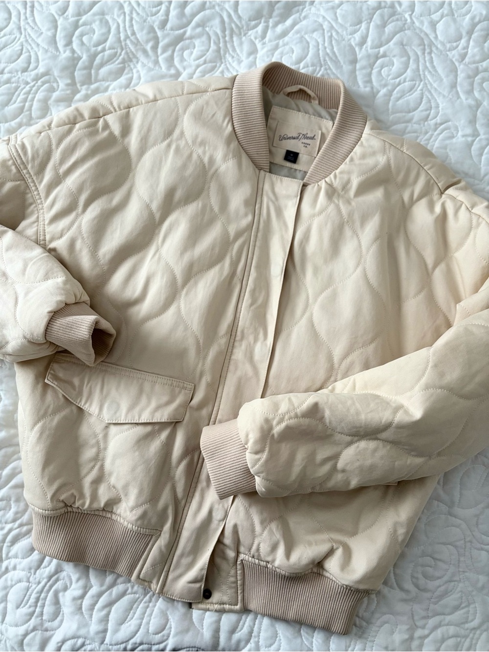 Women’s Universal Thread Quilted Cream Bomber Jacket